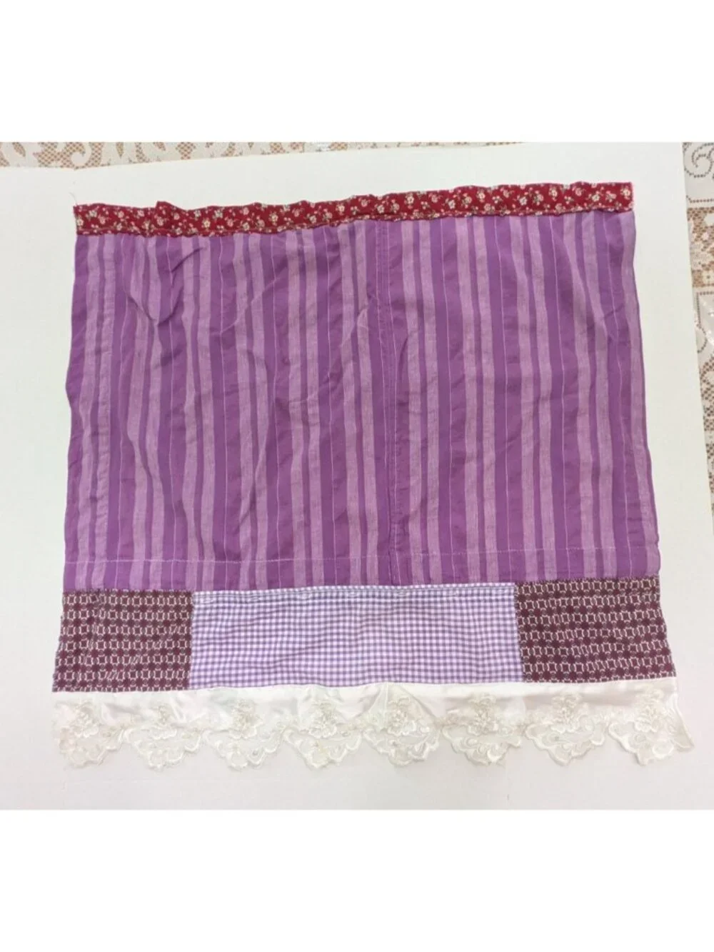 Pair Cafe Tiers Curtains Purple Hand Sewn Patchwork and Lace Recycled Shirts 29